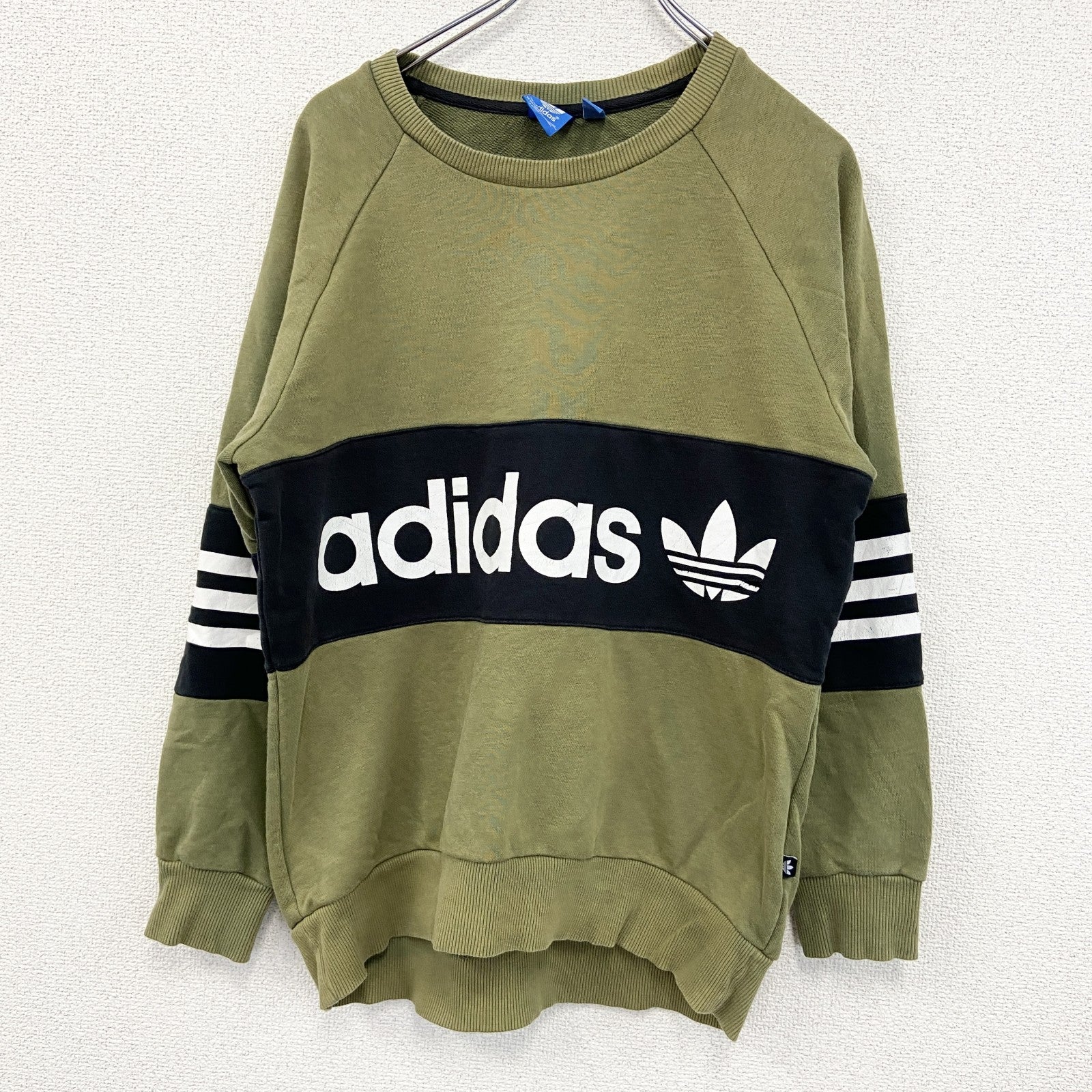 adidas　アディダス　スウェット/トレーナー　バイカラー　カーキ　黒　ブラック　Sサイズ　古着
