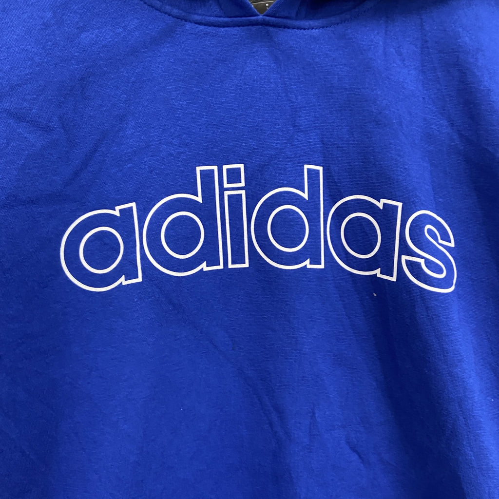 adidas　アディダス　スウェットパーカー/フーディー　デカロゴ　青　ブルー　Lサイズ トレーナー スウェットトップス フード付き 古着