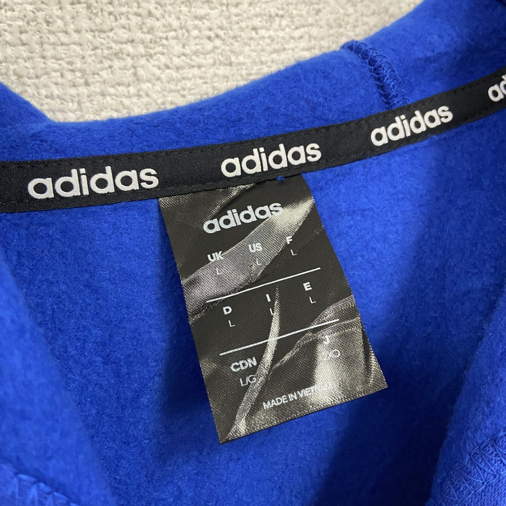 adidas　アディダス　スウェットパーカー/フーディー　デカロゴ　青　ブルー　Lサイズ トレーナー スウェットトップス フード付き 古着