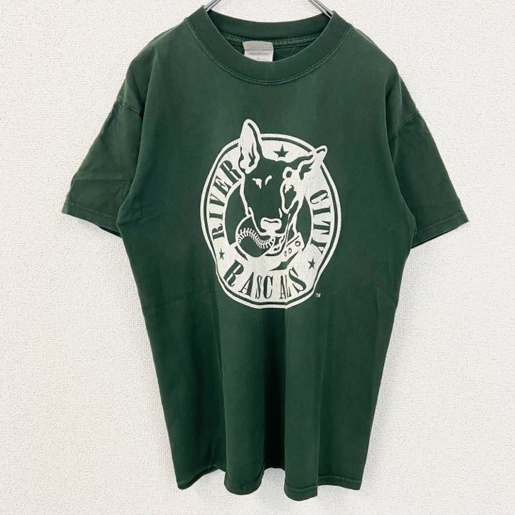 GILDAN　ギルダン　半袖アニマルプリントTシャツ　リバーシティラスカルズ　野球　緑　グリーン　Mサイズ　古着
