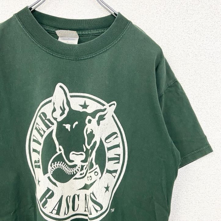 GILDAN　ギルダン　半袖アニマルプリントTシャツ　リバーシティラスカルズ　野球　緑　グリーン　Mサイズ　古着