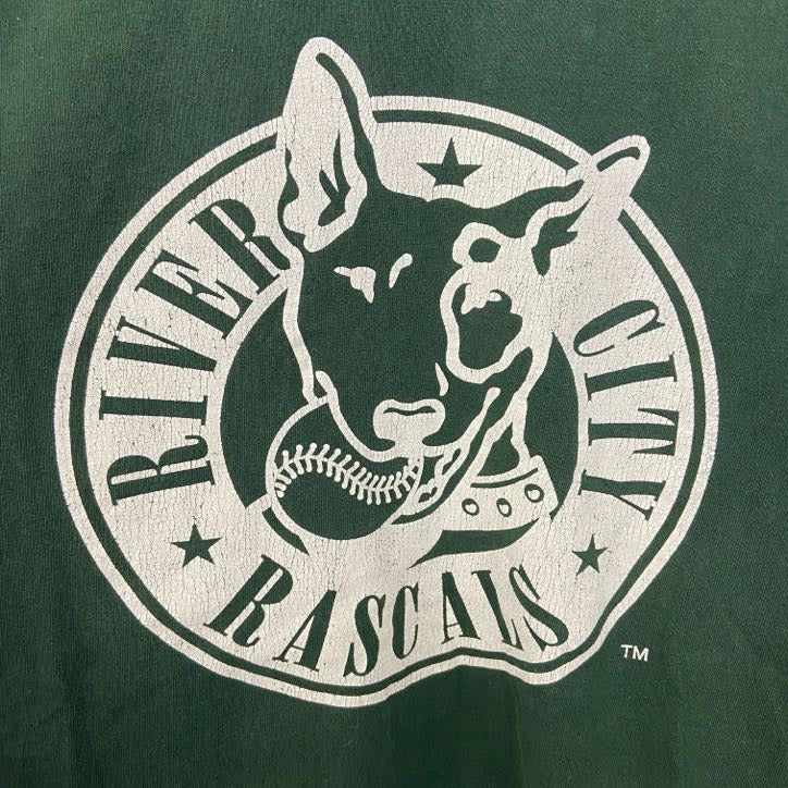 GILDAN　ギルダン　半袖アニマルプリントTシャツ　リバーシティラスカルズ　野球　緑　グリーン　Mサイズ　古着