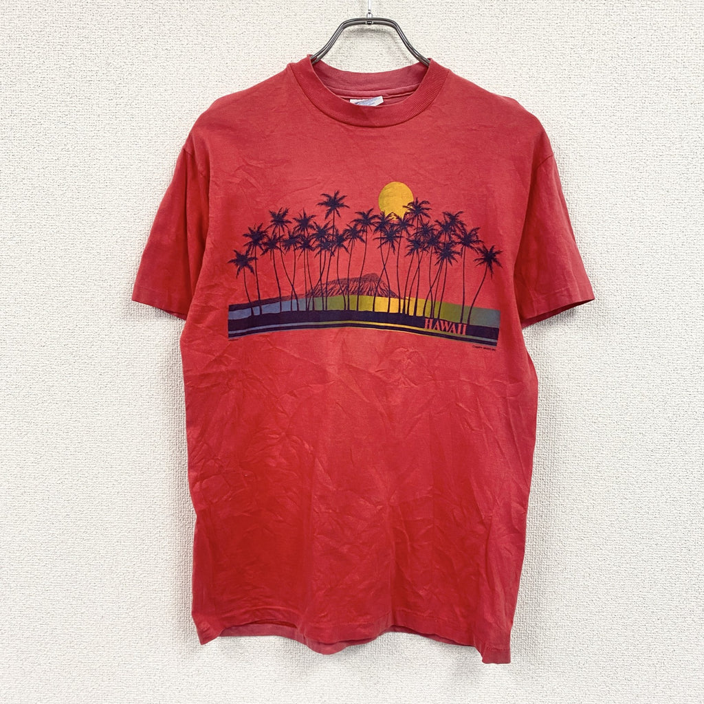 90s　Hanes　ヘインズ　半袖プリントTシャツ　シングルステッチ　フェード　HAWAII　スーベニア　赤　レッド　Mサイズ　　ヴィンテージ　古着