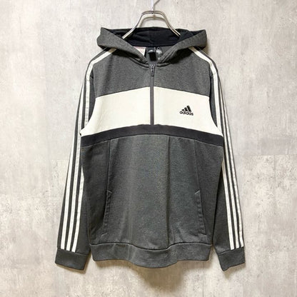 古着 used　adidas　アディダス　長袖ハーフジップトラックジャケット　ジャージ　フード　ワンポイントロゴ　グレー　Lサイズ