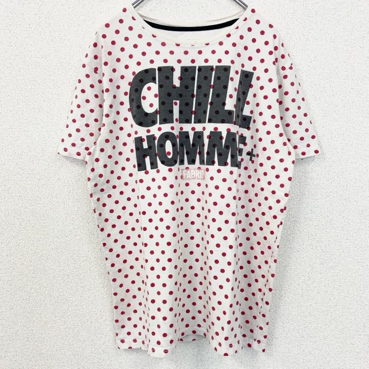 半袖ロゴプリントクルーネックTシャツ　ドット柄　水玉模様　CHILL HOMME　白　ホワイト　赤　レッド　レトロデザイン　古着