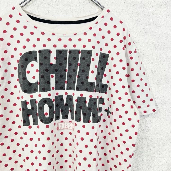 半袖ロゴプリントクルーネックTシャツ　ドット柄　水玉模様　CHILL HOMME　白　ホワイト　赤　レッド　レトロデザイン　古着