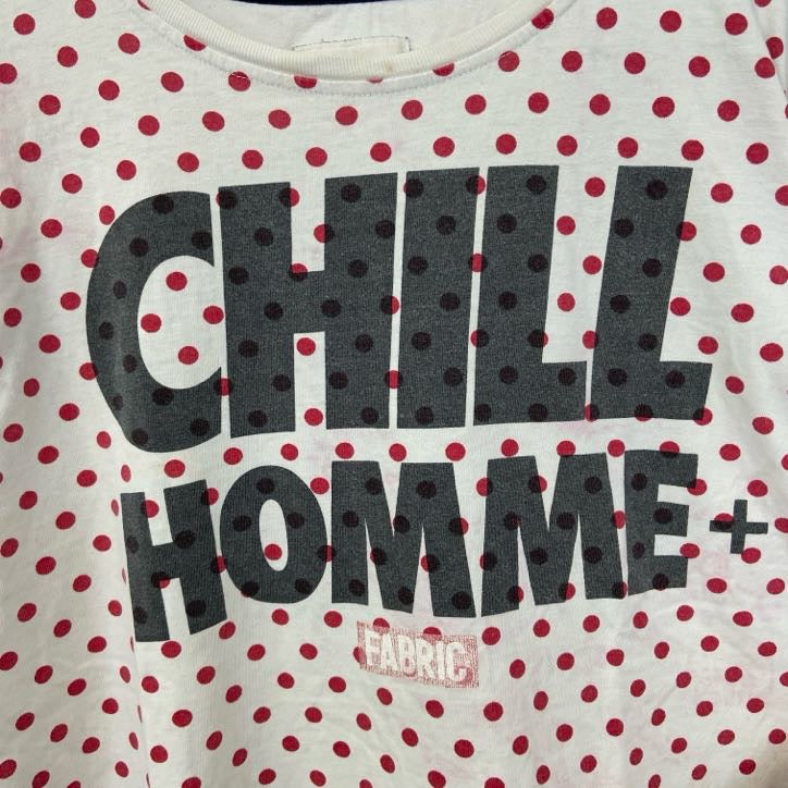 半袖ロゴプリントクルーネックTシャツ　ドット柄　水玉模様　CHILL HOMME　白　ホワイト　赤　レッド　レトロデザイン　古着