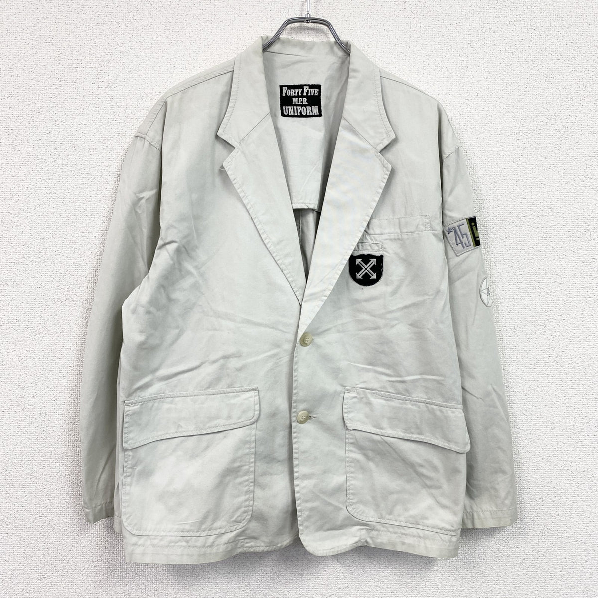 ～80s　UNIFORM 45 MPR　テーラードジャケット　ワークジャケット　ワッペン　ヴィンテージ　ライトグレー　48サイズ　古着
