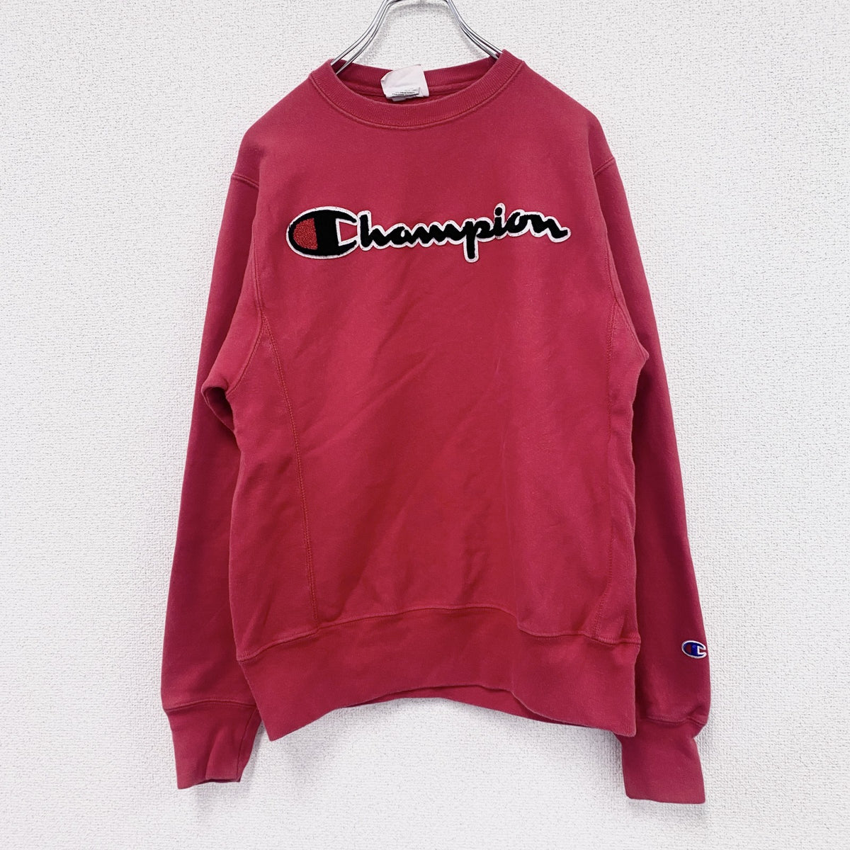 Champion　チャンピオン　リバースウィーブ　スウェット/トレーナー　フェード　デカロゴ　ワッペン　現行　赤　レッド　Sサイズ スウェットトップス メンズ コットン 古着
