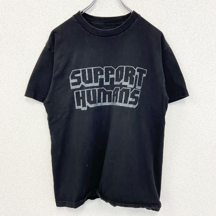 SUPPORT HUMANS　半袖プリントTシャツ　英字プリント　ドロップシャドウ　クルーネック　黒　ブラック　Mサイズ　古着