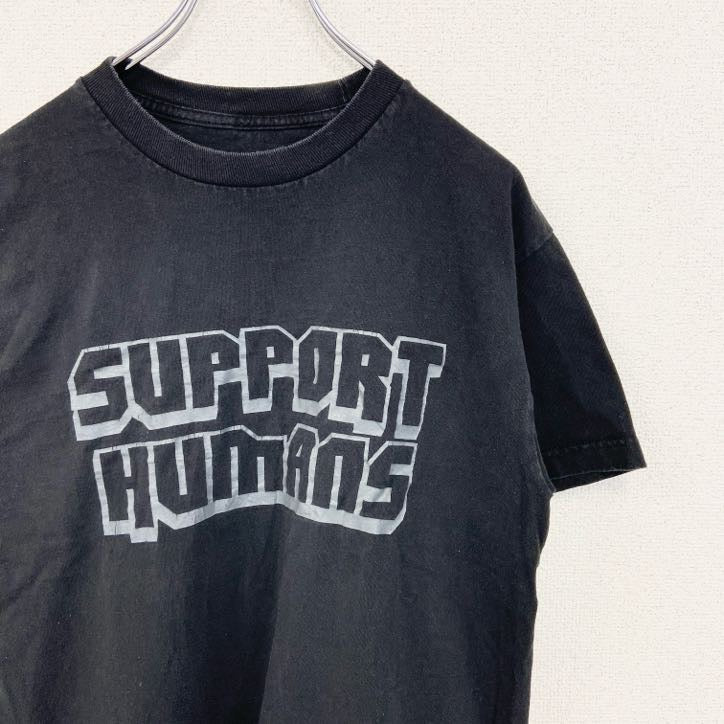 SUPPORT HUMANS　半袖プリントTシャツ　英字プリント　ドロップシャドウ　クルーネック　黒　ブラック　Mサイズ　古着