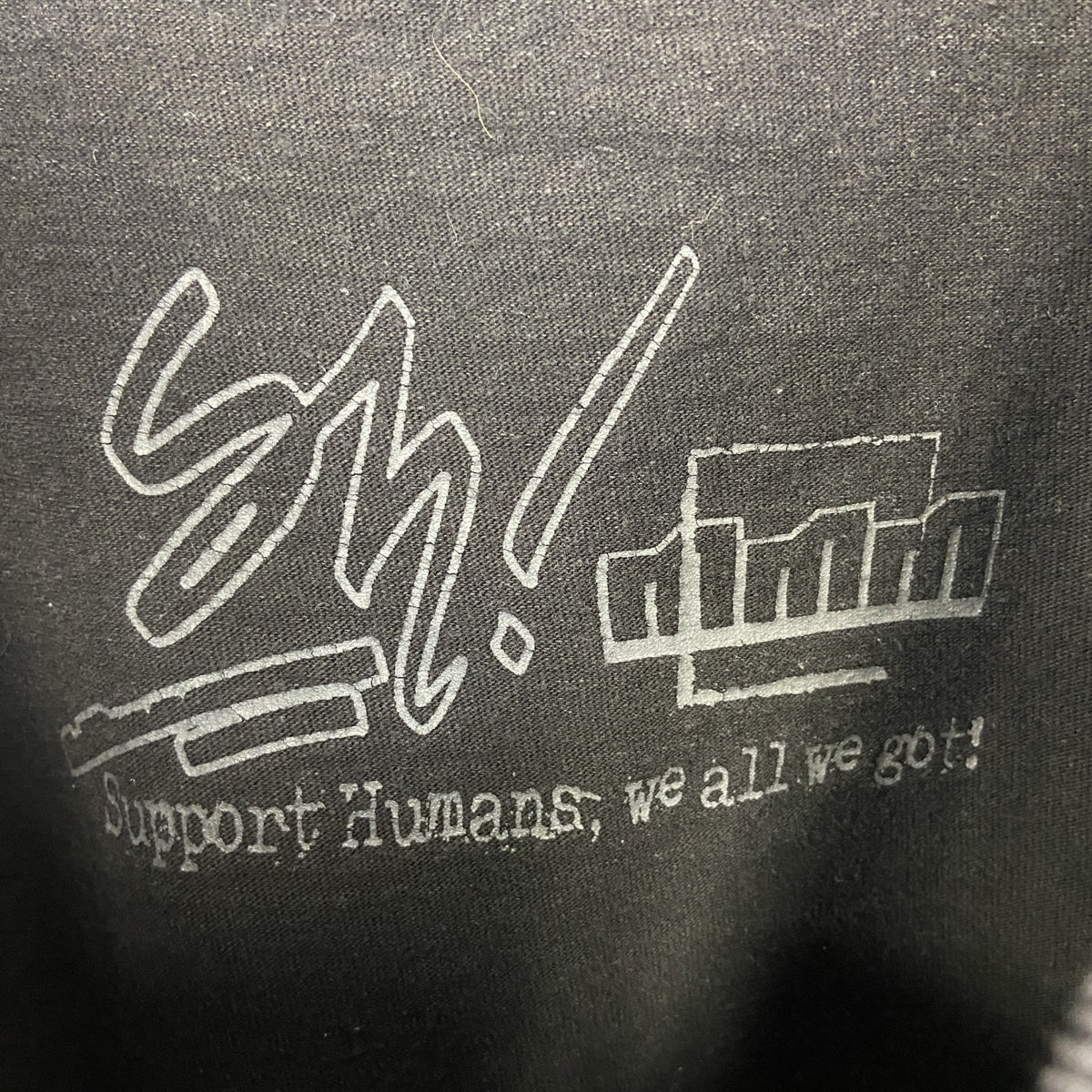 SUPPORT HUMANS　半袖プリントTシャツ　英字プリント　ドロップシャドウ　クルーネック　黒　ブラック　Mサイズ　古着
