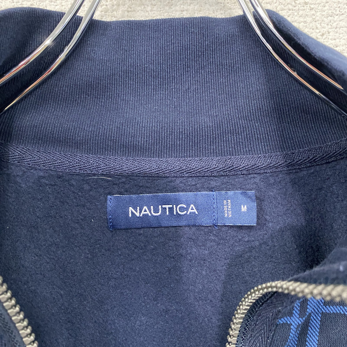 NAUTICA　ノーティカ　ハーフジップスウェット/トレーナー　チェック柄　青　ブルー　Mサイズ スウェットトップス メンズ コットン 古着