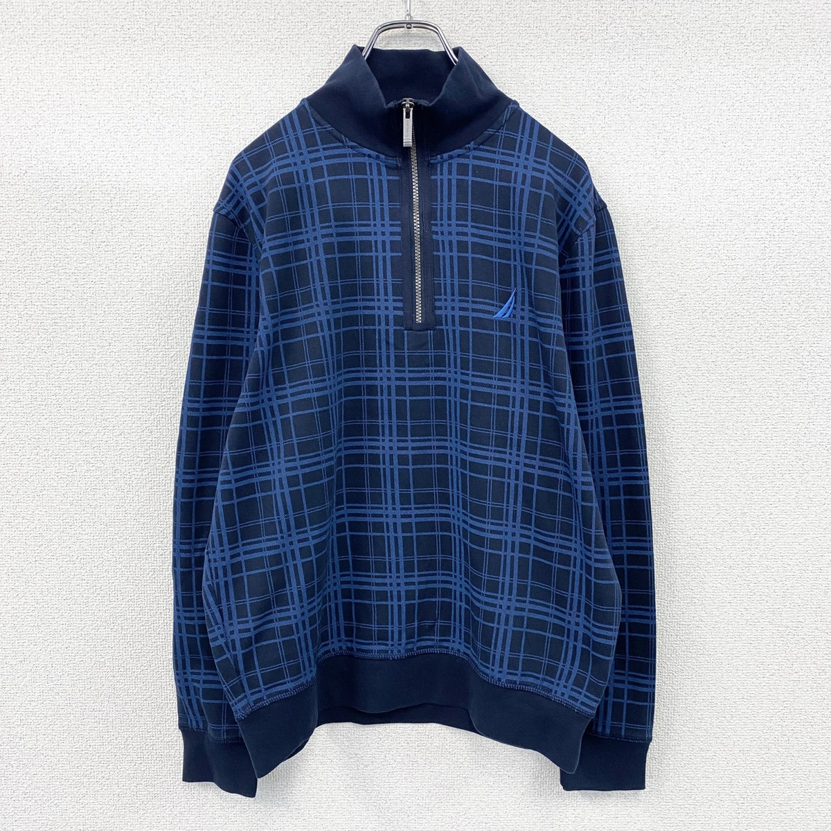 NAUTICA　ノーティカ　ハーフジップスウェット/トレーナー　チェック柄　青　ブルー　Mサイズ スウェットトップス メンズ コットン 古着
