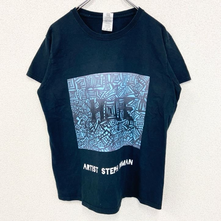 GILDAN ギルダン　半袖プリントTシャツ　個性的デザイン　レトロ　春夏服　黒　ブラック　カジュアルデザイン　Lサイズ　古着