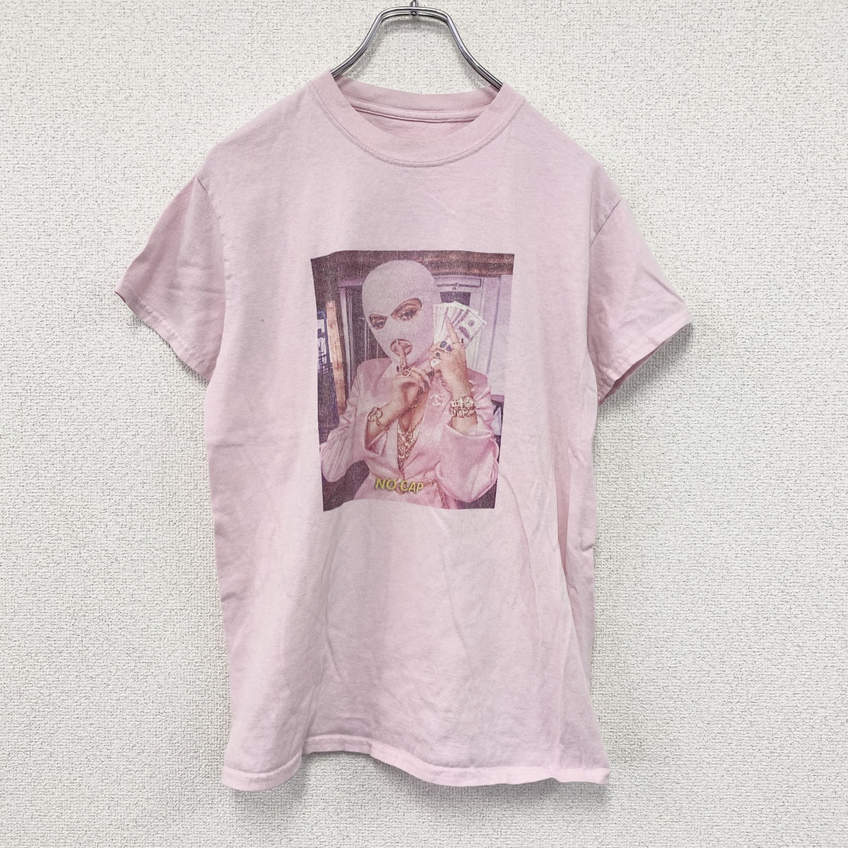 半袖プリントTシャツ　MaskTシャツ　バラクラバ　目出し帽　ピンク カットソー メンズ 古着