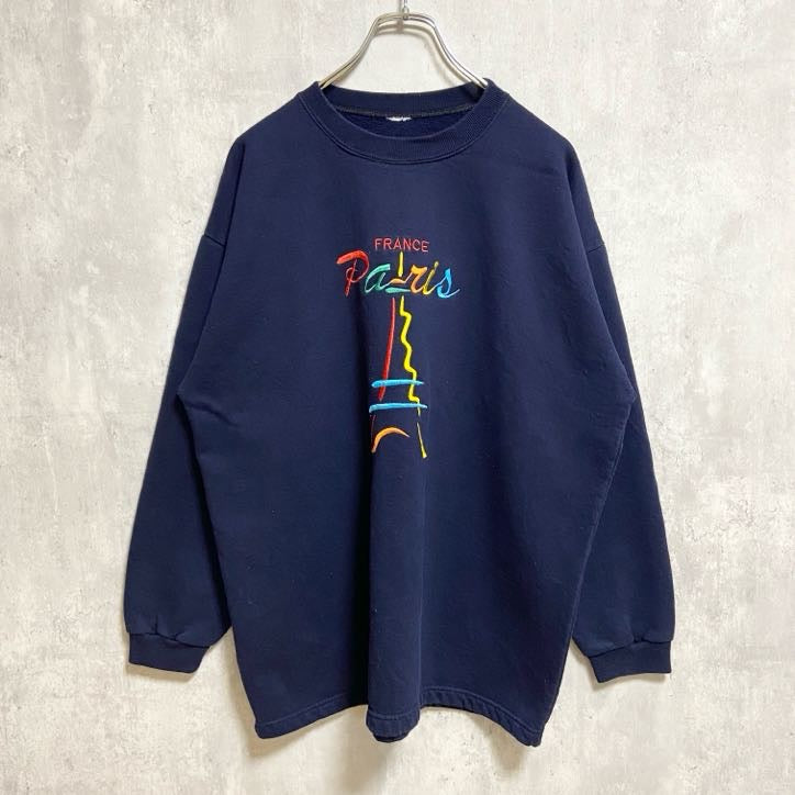 ～90s　ロゴ刺繍スウェット/トレーナー　ヴィンテージ　フランス　パリ　エッフェル塔　ネイビー　紺　秋冬服　Lサイズ　古着
