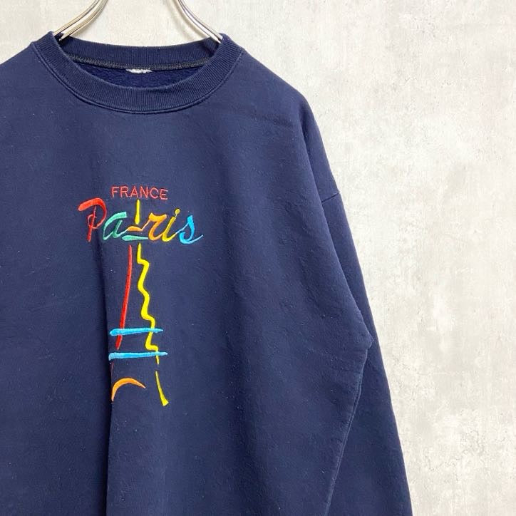 ～90s　ロゴ刺繍スウェット/トレーナー　ヴィンテージ　フランス　パリ　エッフェル塔　ネイビー　紺　秋冬服　Lサイズ　古着