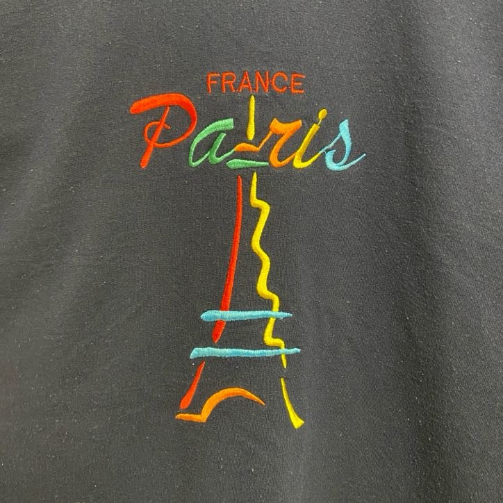 ～90s　ロゴ刺繍スウェット/トレーナー　ヴィンテージ　フランス　パリ　エッフェル塔　ネイビー　紺　秋冬服　Lサイズ　古着