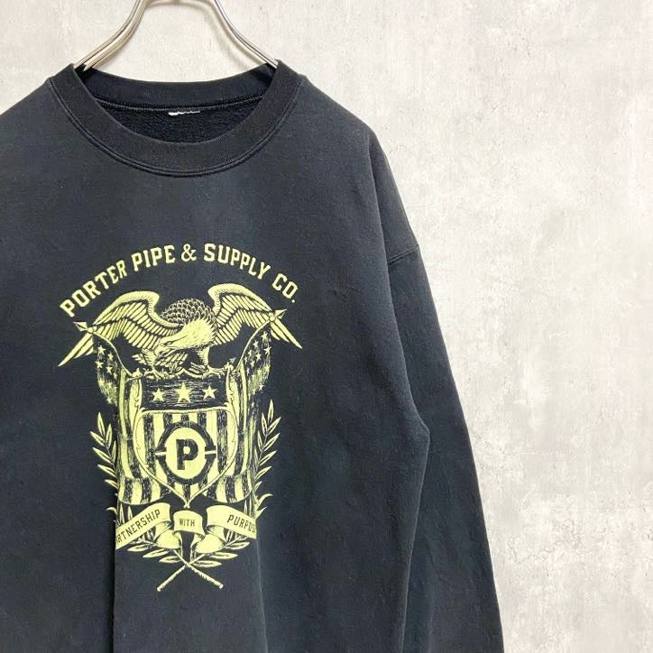 長袖プリントスウェット　トレーナー　バックプリント　PORTERPIPE&SUPPLY　鳥　黒　ブラック　Lサイズ　古着