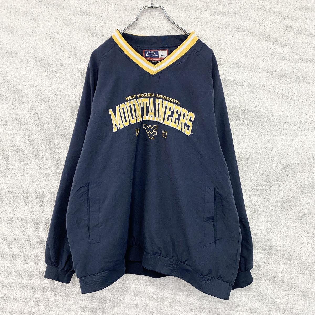 Cadre　プルオーバージャケット　アーチプリント　カレッジロゴ　3連プリント　刺繍ロゴ　ビッグシルエット　紺　ネイビー　Lサイズ　古着