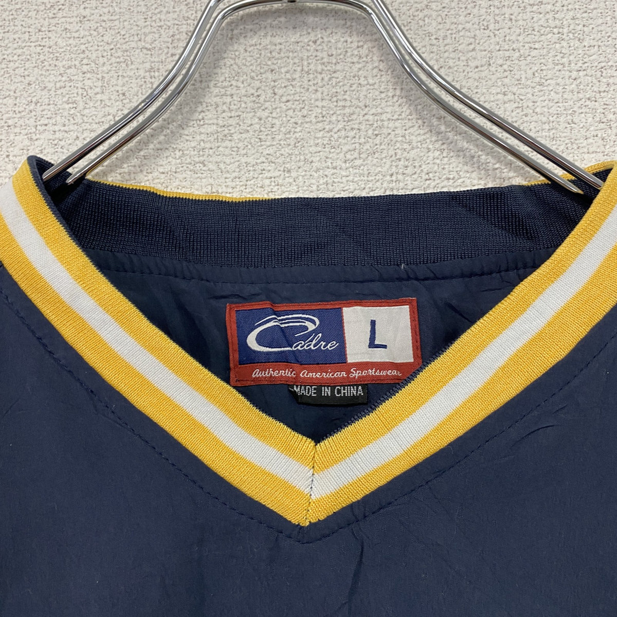 Cadre　プルオーバージャケット　アーチプリント　カレッジロゴ　3連プリント　刺繍ロゴ　ビッグシルエット　紺　ネイビー　Lサイズ　古着