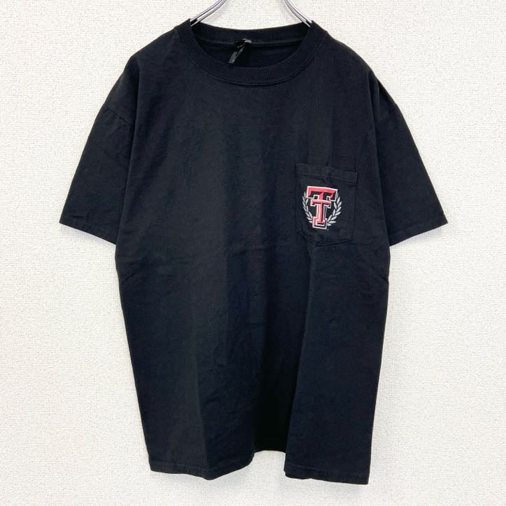 Hanes ヘインズ　半袖胸ポケット付きカレッジTシャツ　バックプリント　テキサス工科大学　黒　ブラック　Mサイズ　古着
