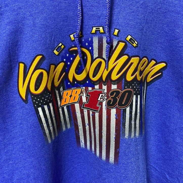 CRAIG VON DOHREN　長袖プリントパーカー　バックプリント　カーレース　水色　レトロデザイン　古着