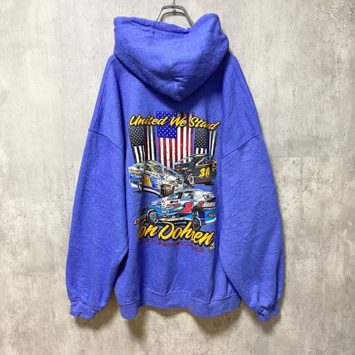 CRAIG VON DOHREN　長袖プリントパーカー　バックプリント　カーレース　水色　レトロデザイン　古着