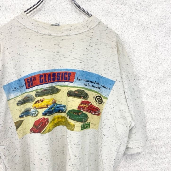 CRAZY LIFE　半袖プリントTシャツ　クラシックカー　車　旧車　クルーネック　レトロデザイン　白　ホワイト　Lサイズ　古着