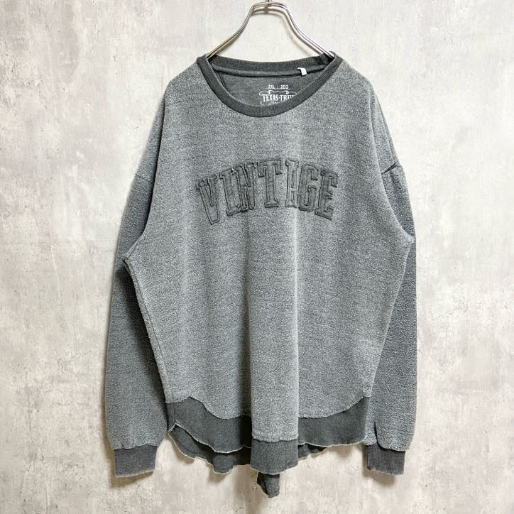 TEXASTRUE　長袖起毛スウェット　トレーナー　ロゴワッペン　VINTAGE　グレー　灰色　XLサイズ　古着