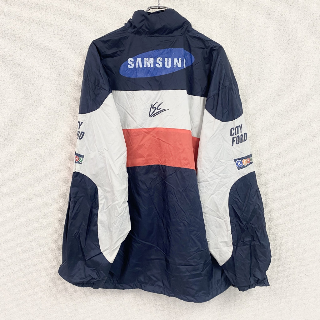 ISC　フルボタンナイロンジャケット　企業ロゴ　マルチカラー　紺　ネイビー　2XLサイズ　古着