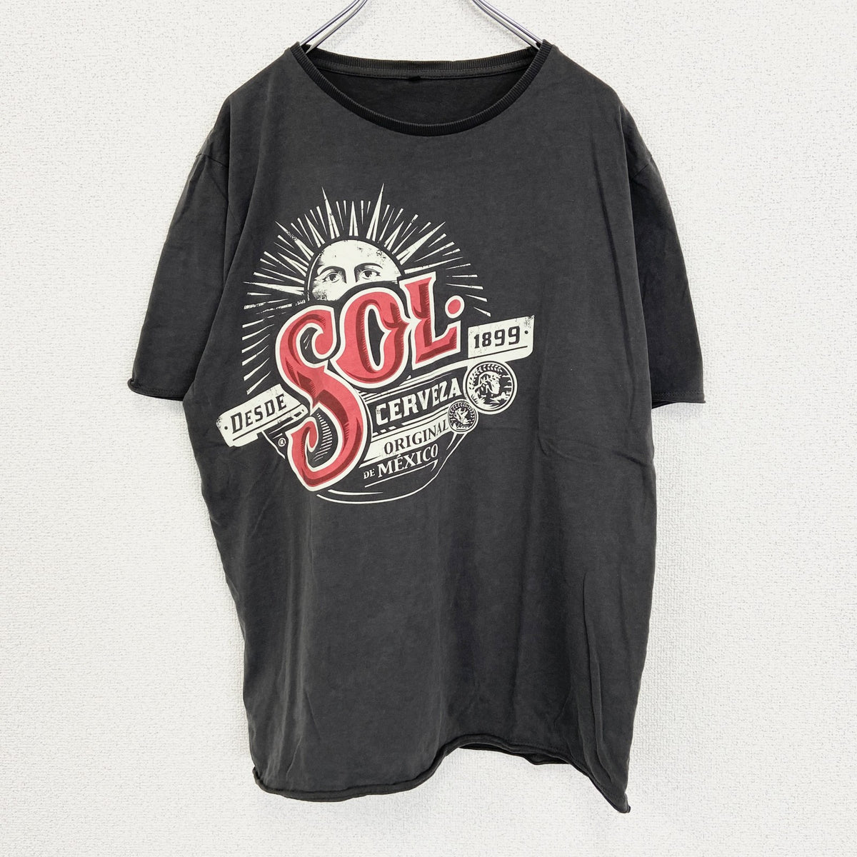 ノーブランド　半袖プリントTシャツ　クルーネック　太陽　メキシコ　レトロデザイン　灰色　グレー　XLサイズ　古着