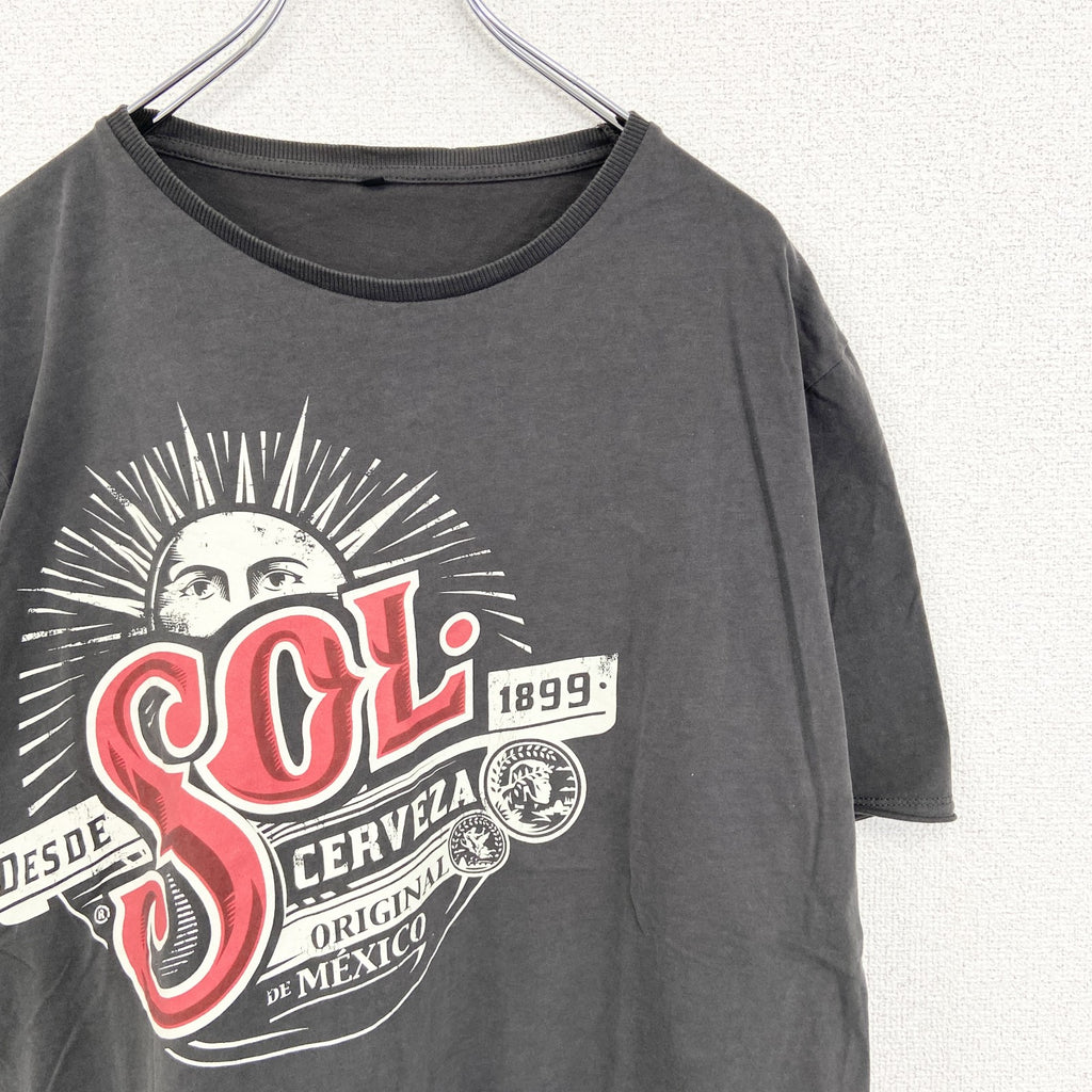 ノーブランド　半袖プリントTシャツ　クルーネック　太陽　メキシコ　レトロデザイン　灰色　グレー　XLサイズ　古着
