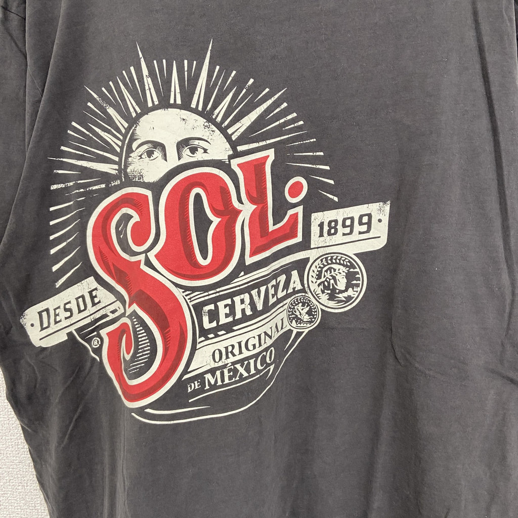 ノーブランド　半袖プリントTシャツ　クルーネック　太陽　メキシコ　レトロデザイン　灰色　グレー　XLサイズ　古着