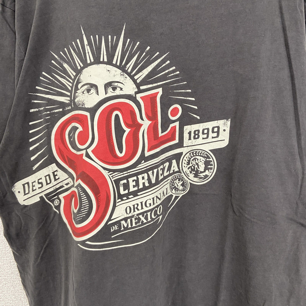 ノーブランド　半袖プリントTシャツ　クルーネック　太陽　メキシコ　レトロデザイン　灰色　グレー　XLサイズ　古着