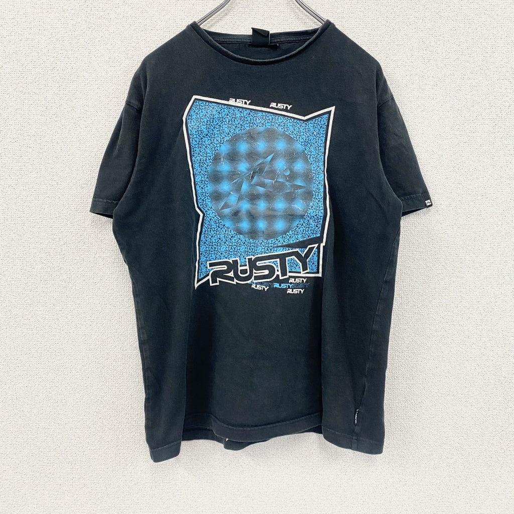 RUSTY　ラスティ　半袖プリントTシャツ　サーフィン　サーファー　デカロゴ　両面プリント　黒　ブラック　Lサイズ　古着