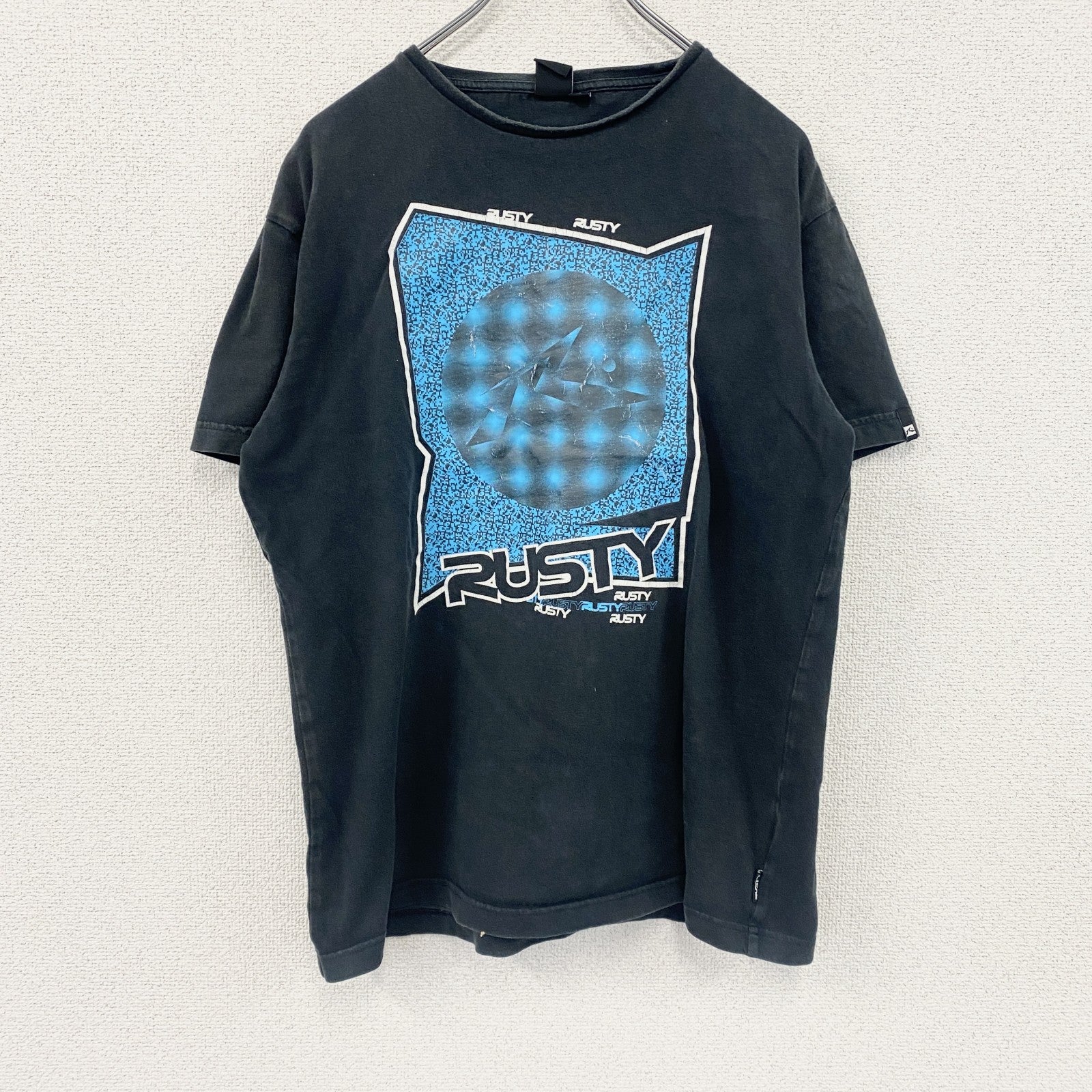 RUSTY　ラスティ　半袖プリントTシャツ　サーフィン　サーファー　デカロゴ　両面プリント　黒　ブラック　Lサイズ　古着