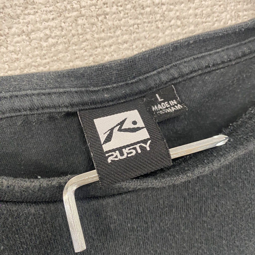 RUSTY　ラスティ　半袖プリントTシャツ　サーフィン　サーファー　デカロゴ　両面プリント　黒　ブラック　Lサイズ　古着
