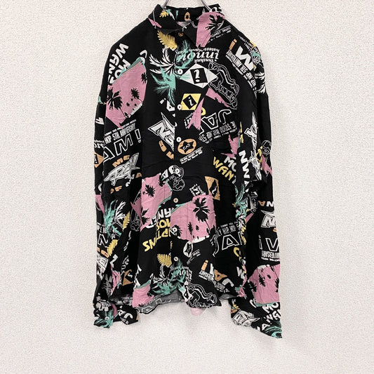 CAROCHE　長袖プリント総柄シャツ　ヤシの木　黒　ブラック　ピンク　XLサイズ