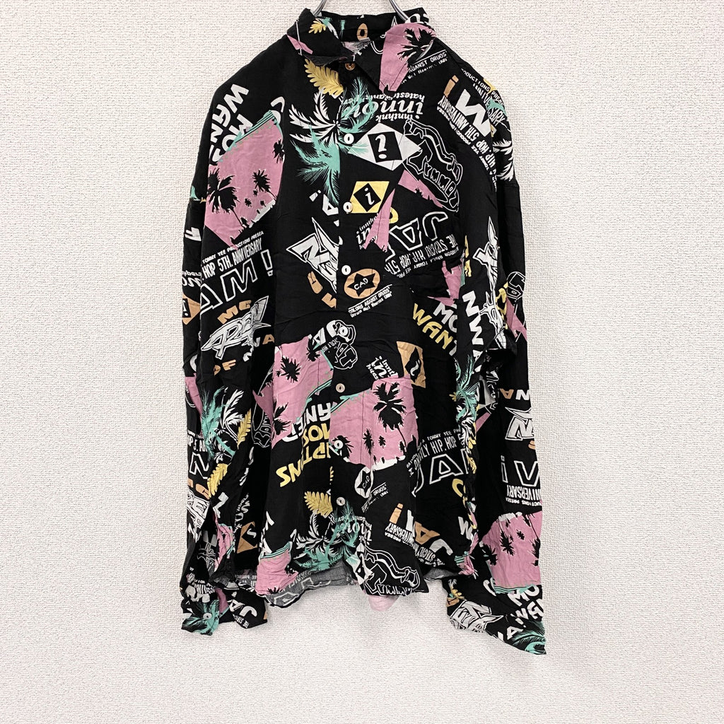 CAROCHE　長袖プリント総柄シャツ　ヤシの木　黒　ブラック　ピンク　XLサイズ　古着