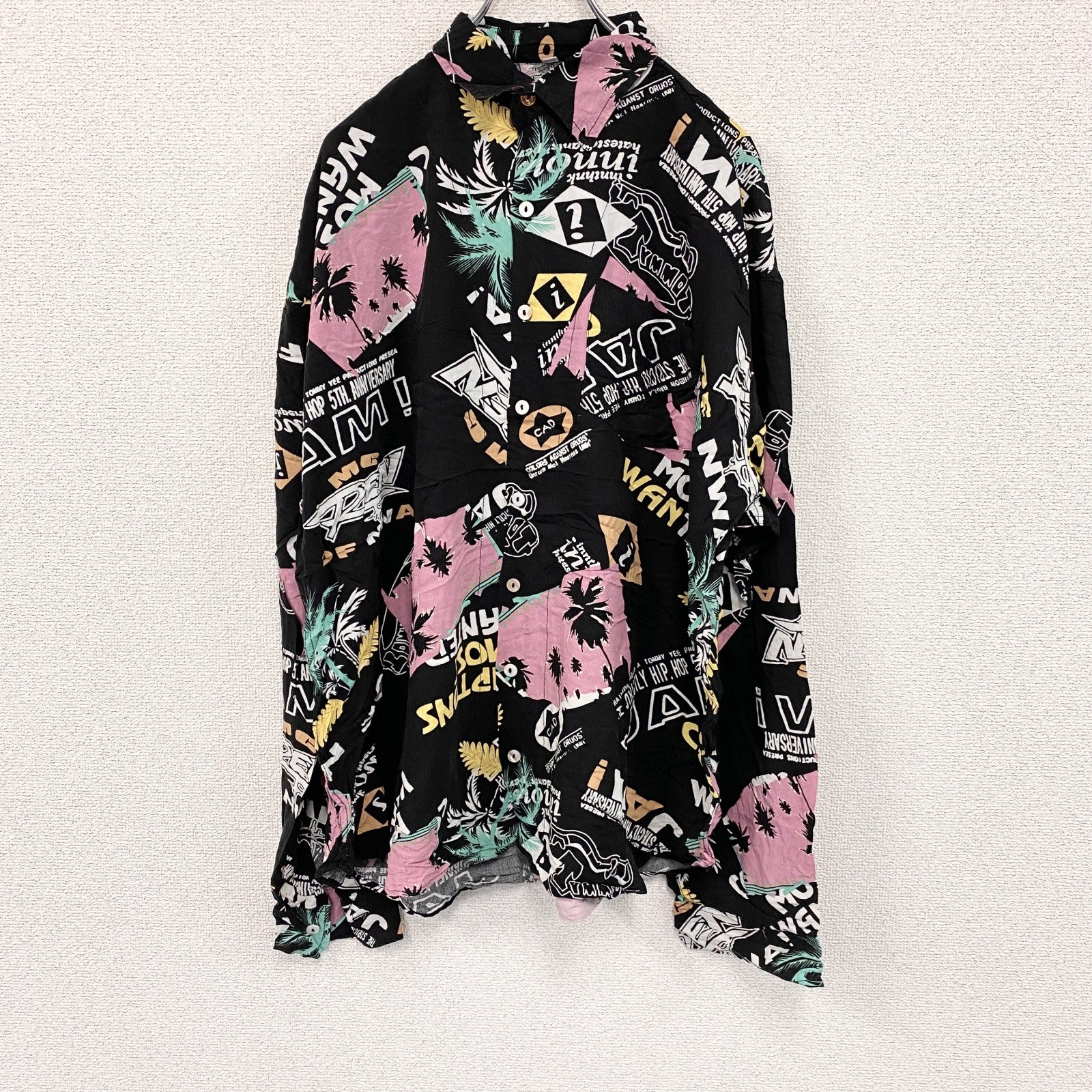 CAROCHE　長袖プリント総柄シャツ　ヤシの木　黒　ブラック　ピンク　XLサイズ　古着
