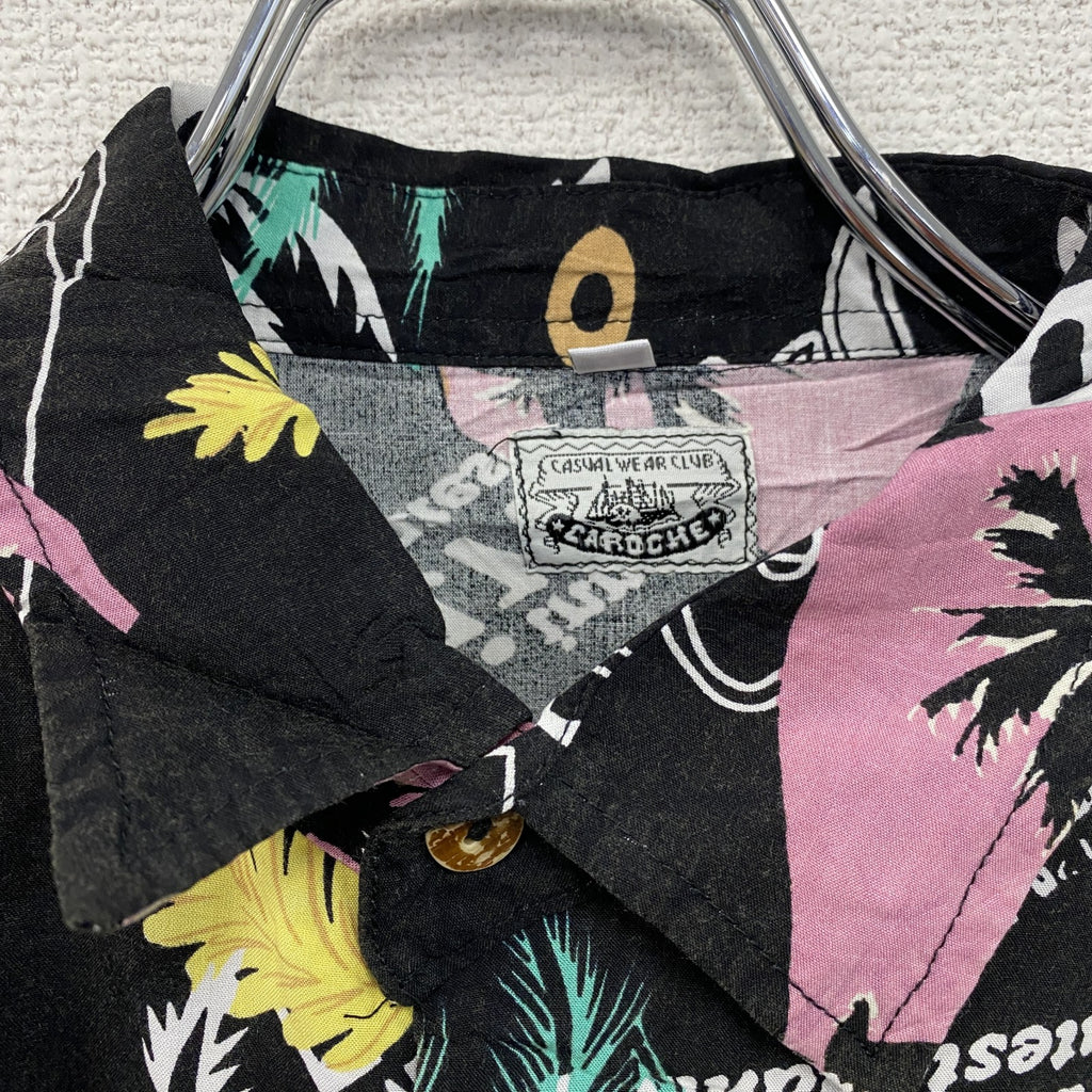 CAROCHE　長袖プリント総柄シャツ　ヤシの木　黒　ブラック　ピンク　XLサイズ　古着