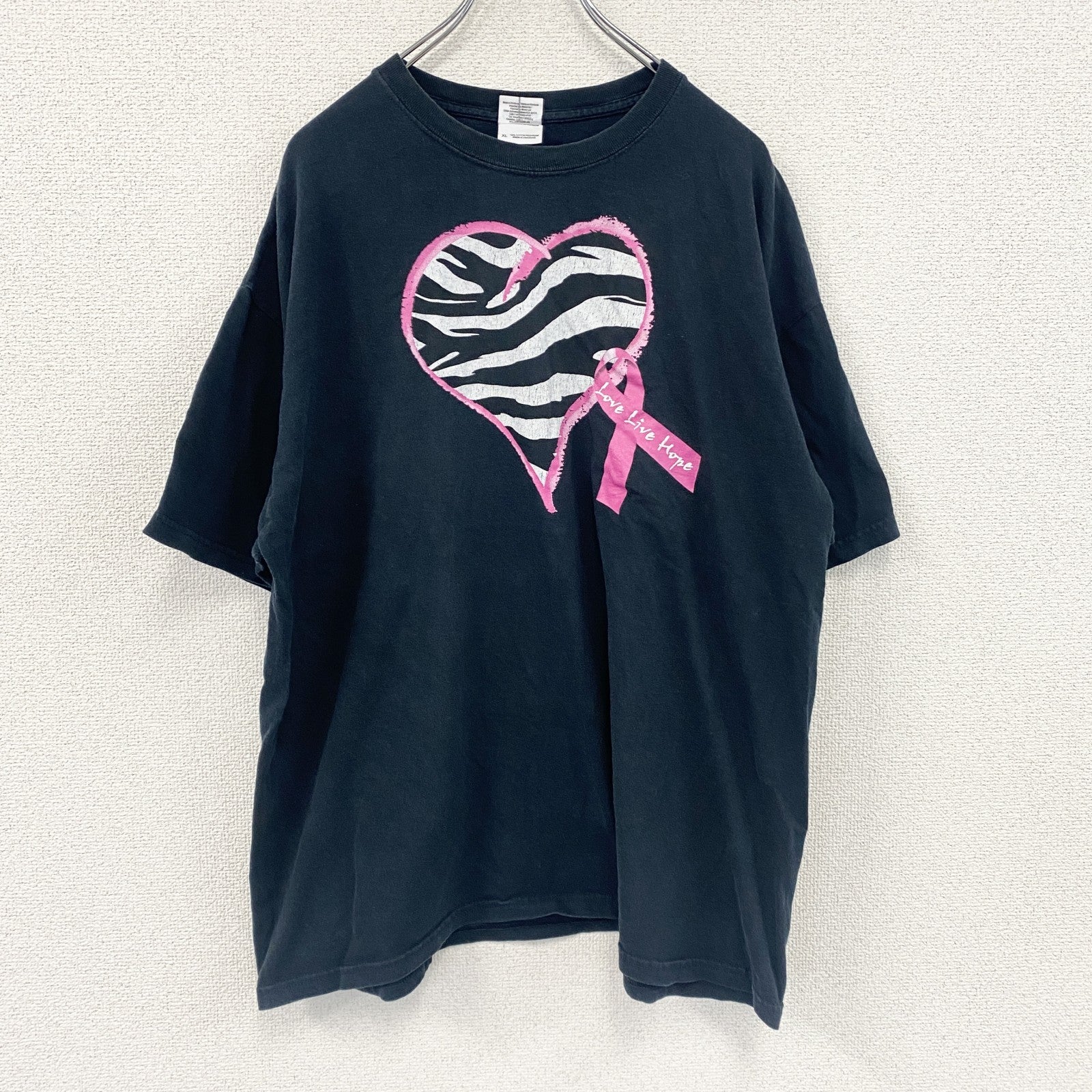 GILDAN　ギルダン　半袖プリントTシャツ　ハート　ゼブラ柄　黒　ブラック　XLサイズ　古着