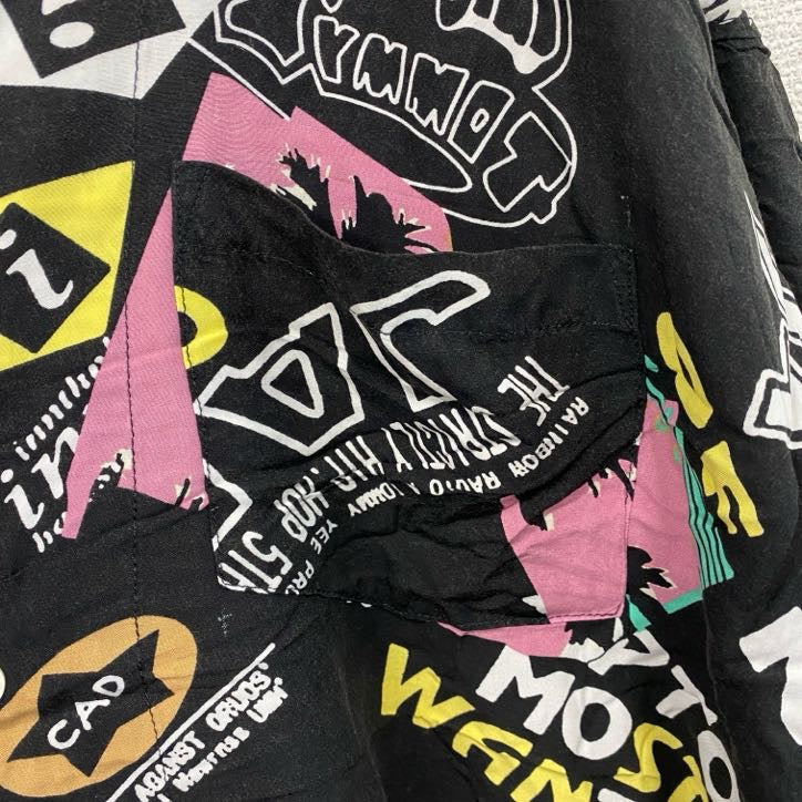 CAROCHE　長袖プリント総柄シャツ　ヤシの木　黒　ブラック　ピンク　XLサイズ　古着