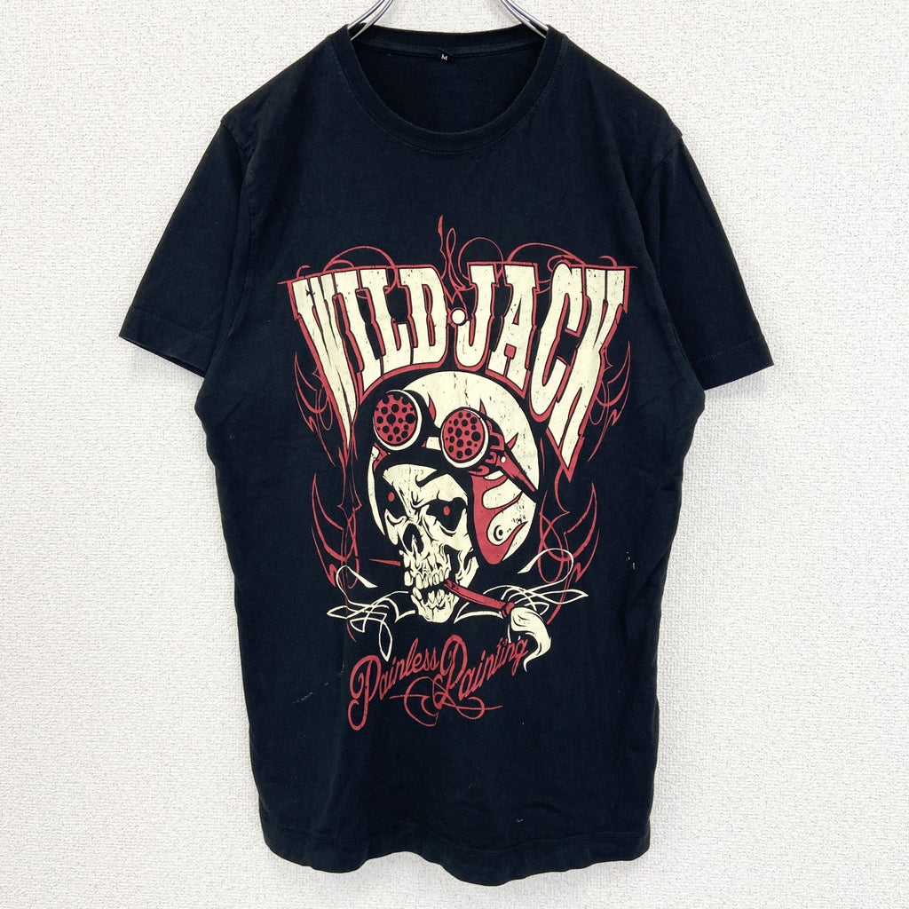 ノーブランド　半袖ダメージプリントTシャツ　スカル　ロック系　WILD JACK　黒　ブラック　クルーネック　Mサイズ　古着