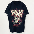 ノーブランド　半袖ダメージプリントTシャツ　スカル　ロック系　WILD JACK　黒　ブラック　クルーネック　Mサイズ　古着