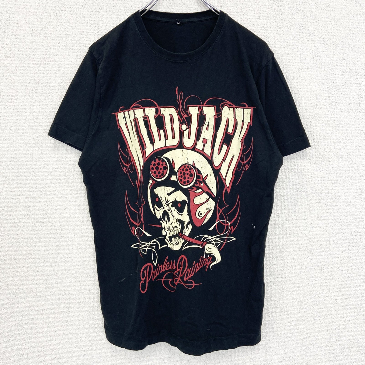 ノーブランド　半袖ダメージプリントTシャツ　スカル　ロック系　WILD JACK　黒　ブラック　クルーネック　Mサイズ　古着