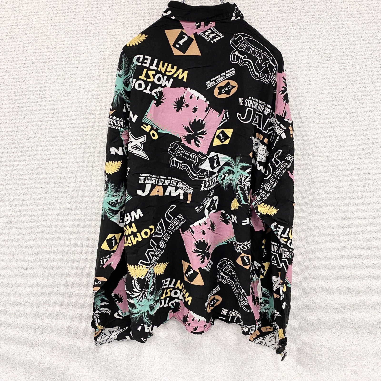 CAROCHE　長袖プリント総柄シャツ　ヤシの木　黒　ブラック　ピンク　XLサイズ　古着