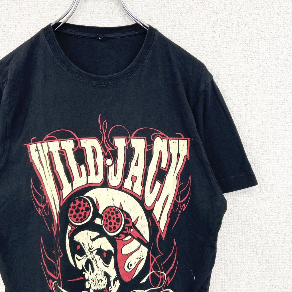ノーブランド　半袖ダメージプリントTシャツ　スカル　ロック系　WILD JACK　黒　ブラック　クルーネック　Mサイズ　古着